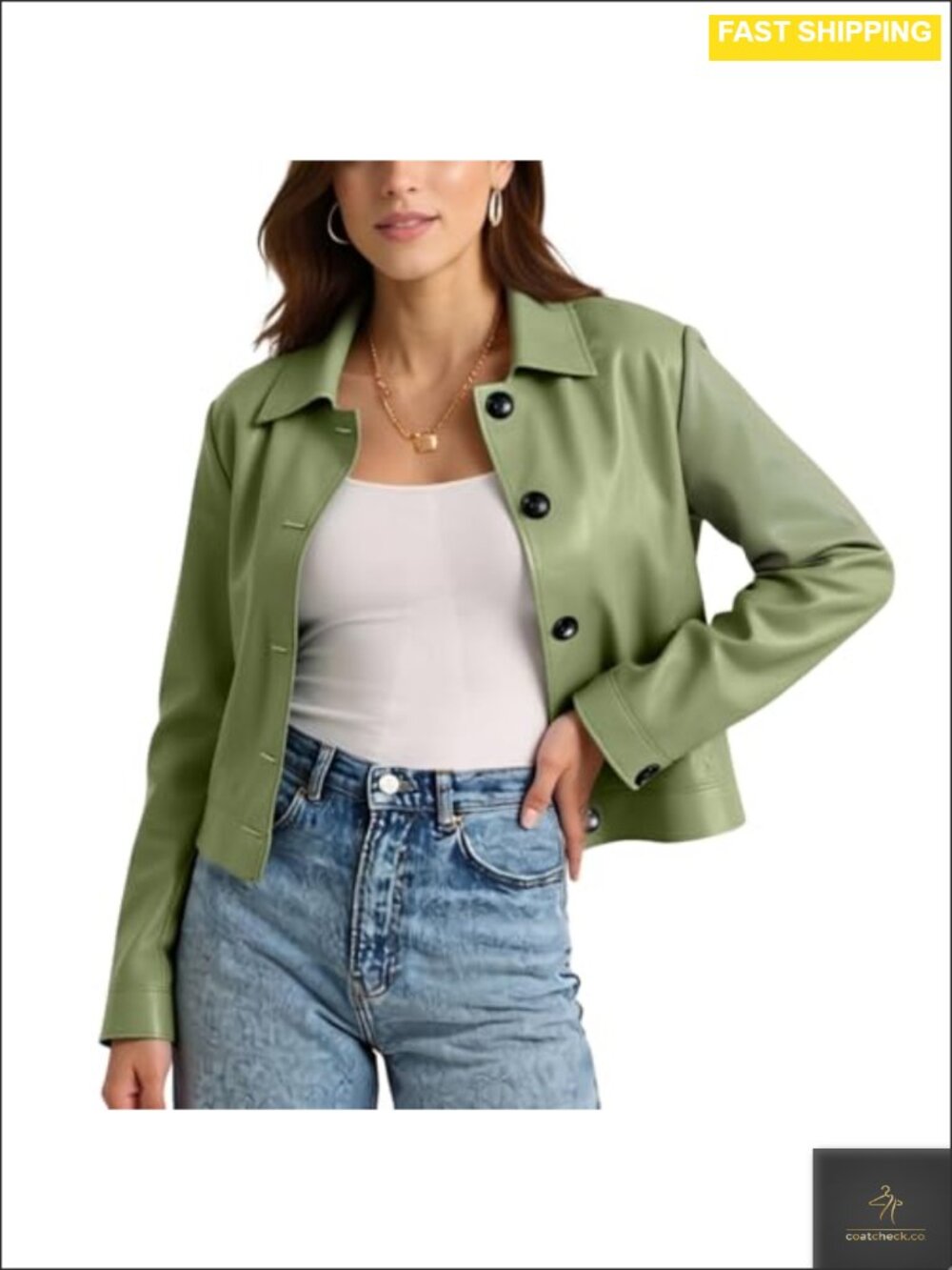 Faux Leather Cropped Jacket Button Down Collared Casual Fall Outerwear